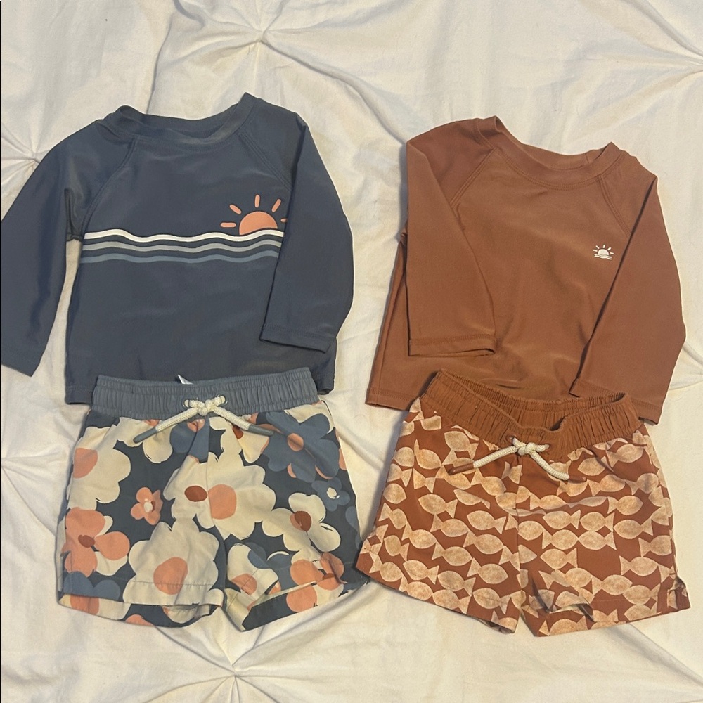 Baby Sun Rash Guards & Swim Shorts Set - Navy & Rust Color
